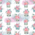 Seamless pattern of watercolor gift boxes with pink beautiful roses, green leaves and branches Royalty Free Stock Photo