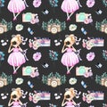 Seamless pattern with watercolor Girl-photographer, retro cameras and floral elements