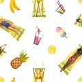 Seamless pattern with watercolor girls, fruits, cocktails. Hand drawn illustration is isolated on white. Painted vacation template