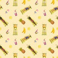 Seamless pattern with watercolor girls, fruits, cocktails. Hand drawn illustration is isolated on yellow. Painted summer template