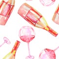 A seamless pattern with the watercolor glasses of red wine and wine (champagne) bottles Royalty Free Stock Photo