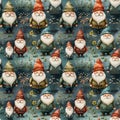 Seamless pattern with watercolor gnomes. Hand-drawn illustration