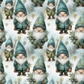 Seamless pattern with watercolor gnomes. Hand-drawn illustration