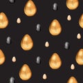 Seamless pattern watercolor golden eggs on black background