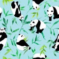 Seamless pattern watercolor of green bamboo leaves and panda, illustration Royalty Free Stock Photo