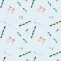 Seamless pattern with watercolor green and blue thread floss and needles Royalty Free Stock Photo