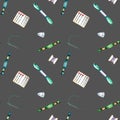 Seamless pattern with watercolor green and blue thread floss and needles Royalty Free Stock Photo