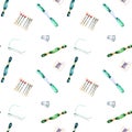 Seamless pattern with watercolor green and blue thread floss and needles Royalty Free Stock Photo