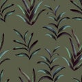 Seamless pattern with watercolor green foliage on khaki background. Hand painted illustration. isolated floral. Royalty Free Stock Photo