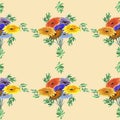 Seamless pattern watercolor of green leaves and bright flowers on a beige background. Geometric Royalty Free Stock Photo