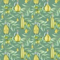 Seamless pattern Watercolor green olive tree branch leaves and oil Glass bottle on a green background. Green olives Royalty Free Stock Photo