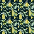 Seamless pattern Watercolor green olive tree branch leaves and oil Glass bottle on a dark green background. Green olives