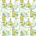 Seamless pattern Watercolor green olive tree branch leaves and oil Glass bottle on a white background. Green olives Royalty Free Stock Photo