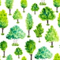 Seamless pattern with watercolor green trees and grass. Nature b