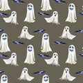 Seamless pattern with watercolor Halloween objects spooks and black birds