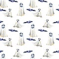 Seamless pattern with watercolor Halloween objects spooks and black birds