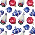 Seamless pattern watercolor hand-drawn blue red shiny christmas decoration ball and home with snow on white background Royalty Free Stock Photo