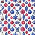 Seamless pattern watercolor hand drawn blue red shiny christmas decoration ball and home with snow on white background Royalty Free Stock Photo
