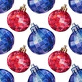 Seamless pattern watercolor hand-drawn blue red shiny christmas decoration disco ball on white background. Creative toy Royalty Free Stock Photo