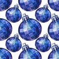 Seamless pattern watercolor hand-drawn blue silver shiny christmas decoration disco ball on white background. Creative Royalty Free Stock Photo
