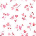 Seamless pattern with watercolor hand drawn branches with pink and red heart shaped leaves isolated on white background. Royalty Free Stock Photo
