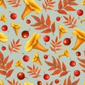 Seamless pattern of watercolor hand-drawn golden chanterelle isolated on gray. Yellow wild forest mushroom with orange