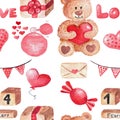 Seamless pattern with watercolor hand drawn children illustration for Valentine`s day 2020 Royalty Free Stock Photo