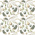 Seamless pattern Watercolor hand drawn Easter eggs, bird Bright feather, willow tree branch with green leaves