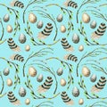 Seamless pattern Watercolor hand drawn Easter eggs, bird Bright feather, willow tree branch with green leaves