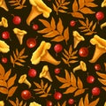 Seamless pattern of watercolor hand-drawn golden chanterelle isolated on black. Yellow wild forest mushroom