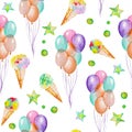 A seamless pattern with the watercolor hand drawn party or circus elements: air balloons, ice cream and stars. Painted on a white