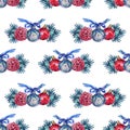 Seamless pattern watercolor hand-drawn red blue silver shiny decoration ball and christmas tree branch on white Royalty Free Stock Photo