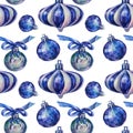 Seamless pattern watercolor hand-drawn silver shiny christmas decoration circle ball with blue bow isolated on white Royalty Free Stock Photo