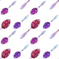 Seamless pattern watercolor hand-drawn spoon with red and blue lingonberry berries. Autumn vitamin for health. Cute