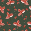 Seamless pattern with watercolor hand-drawn strawberries and leaves on a dark green background. Royalty Free Stock Photo