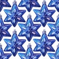 Seamless pattern watercolor hand-drawn winter blue white shiny christmas decoration star ball isolated on white Royalty Free Stock Photo