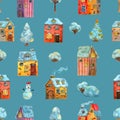 Seamless pattern of watercolor hand drawn winter medieval houses illustration, Cartoon old town street.