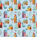 Seamless pattern of watercolor hand drawn winter medieval houses illustration, european old town street vew. New Year theme Design