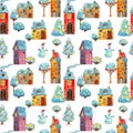 Seamless pattern of watercolor hand drawn winter medieval houses illustration, european old town street vew. New Year theme Design