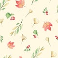 Seamless pattern with watercolor hand painted autumn leaves foliage inspired by garden greenery and plats. Hand painted fall folia