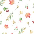 Seamless pattern with watercolor hand painted autumn leaves foliage inspired by garden greenery and plats. Hand painted fall folia