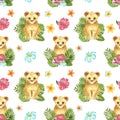 Seamless pattern with watercolor hand painted cute lion cub, green tropical leaves and exotic flowers. Jungle animal print Royalty Free Stock Photo