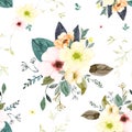 Seamless pattern with watercolor hand painted flower and leaves