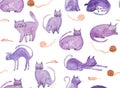 Seamless pattern with watercolor hand painted purple cats and mouses