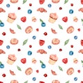 Seamless pattern with watercolor hand painted sweet and tasty cakes Royalty Free Stock Photo