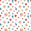 Seamless pattern with watercolor hand painted sweet and tasty cakes