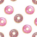 Seamless pattern of watercolor hand painting illustration colorful donuts, brown doughnut with colorful sugar chocolate candy
