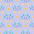 Seamless pattern with watercolor hands, flowers and petal. Hand drawn illustration is isolated on violet. Yoga template