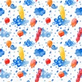 Seamless pattern. Watercolor handwork. Clouds, stars and multi-colored balloons on a white background.