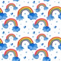 Seamless pattern. Watercolor handwork. Rainbow and clouds in white background